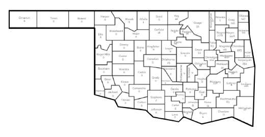 Oklahoma county map showing family stays served by Ronald McDonald House Tulsa during 2025.