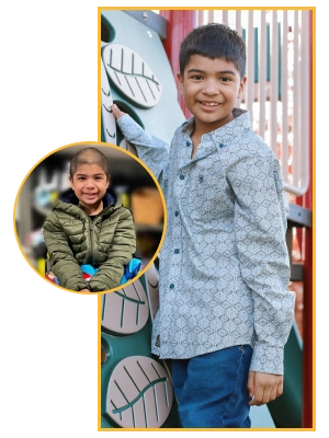 Ranulfo smiling beside a Ronald McDonald House sculpture, with an inset photograph from his treatment journey.